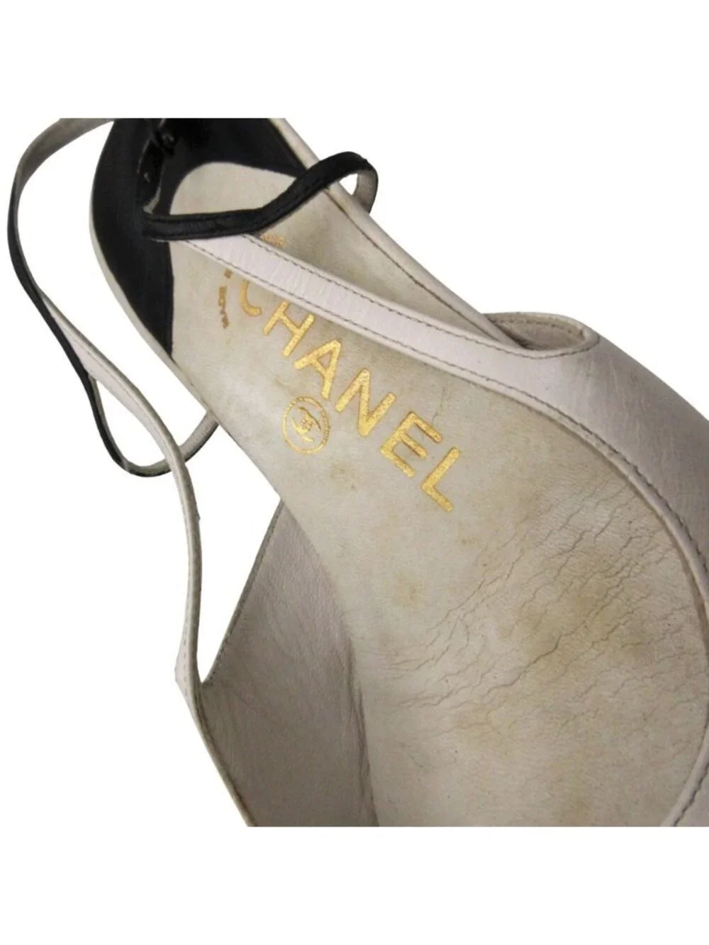 Chanel Pumps Pointed Toe Slingback Bicolor CC Logo Shoes White 2/1